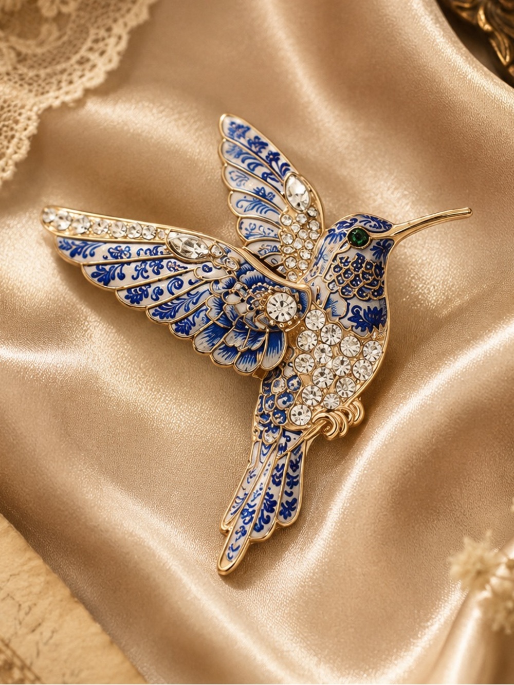 Royal Blue Hummingbird Vintage Rhinestone Brooch